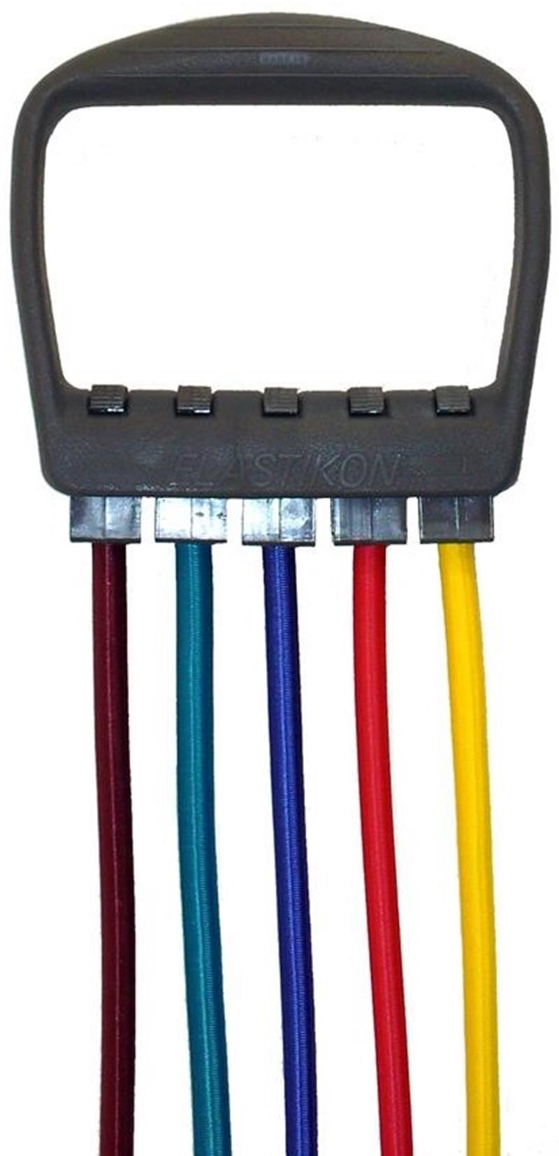 Historischer Gummiexpander mit Griff und farbigen Elastikseilen als frühes Fitness-Trainingsgerät