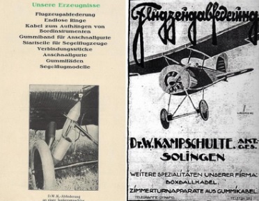 Historische Werbung für Gummiseile von Kampschulte zur Verwendung in Flugzeugen und Luftfahrttechnik um 1904
