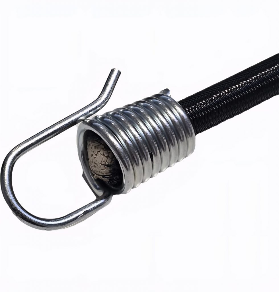 Gummiseil mit Spiraldrahthaken und integrierter Stepelverbindung ohne herausstehende Schlaufe